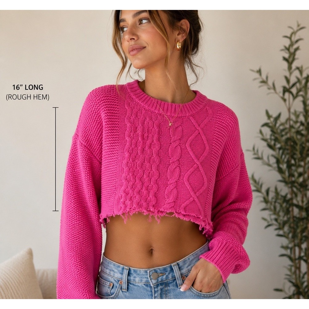 Free People Cropped Sweater Women M Pink Chunky Cable Knit Rough Hem Cottagecore